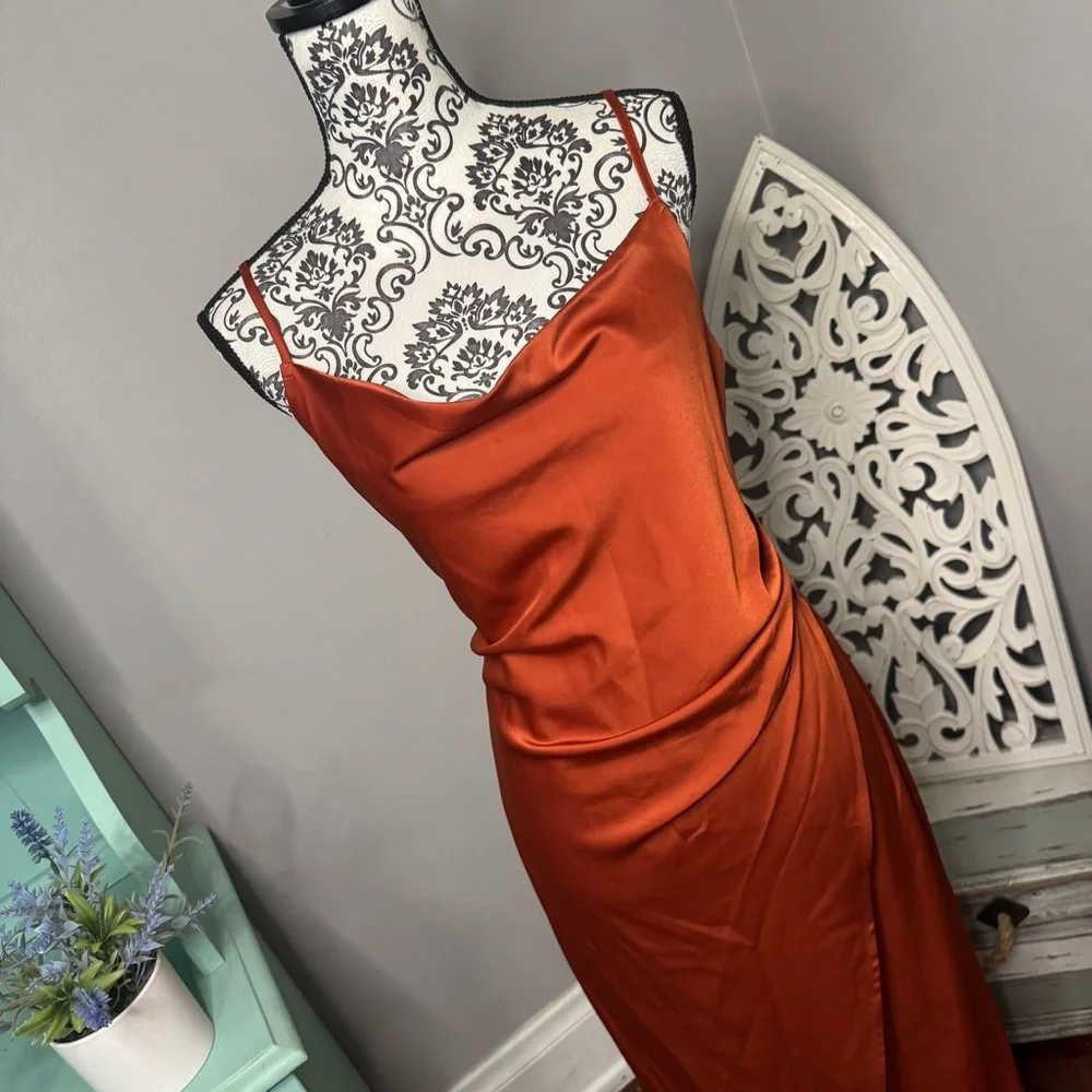 Lulus Satin Drape Midi Slip Dress Size Large Rust Orange Wedding Guest - Picture 2 of 10